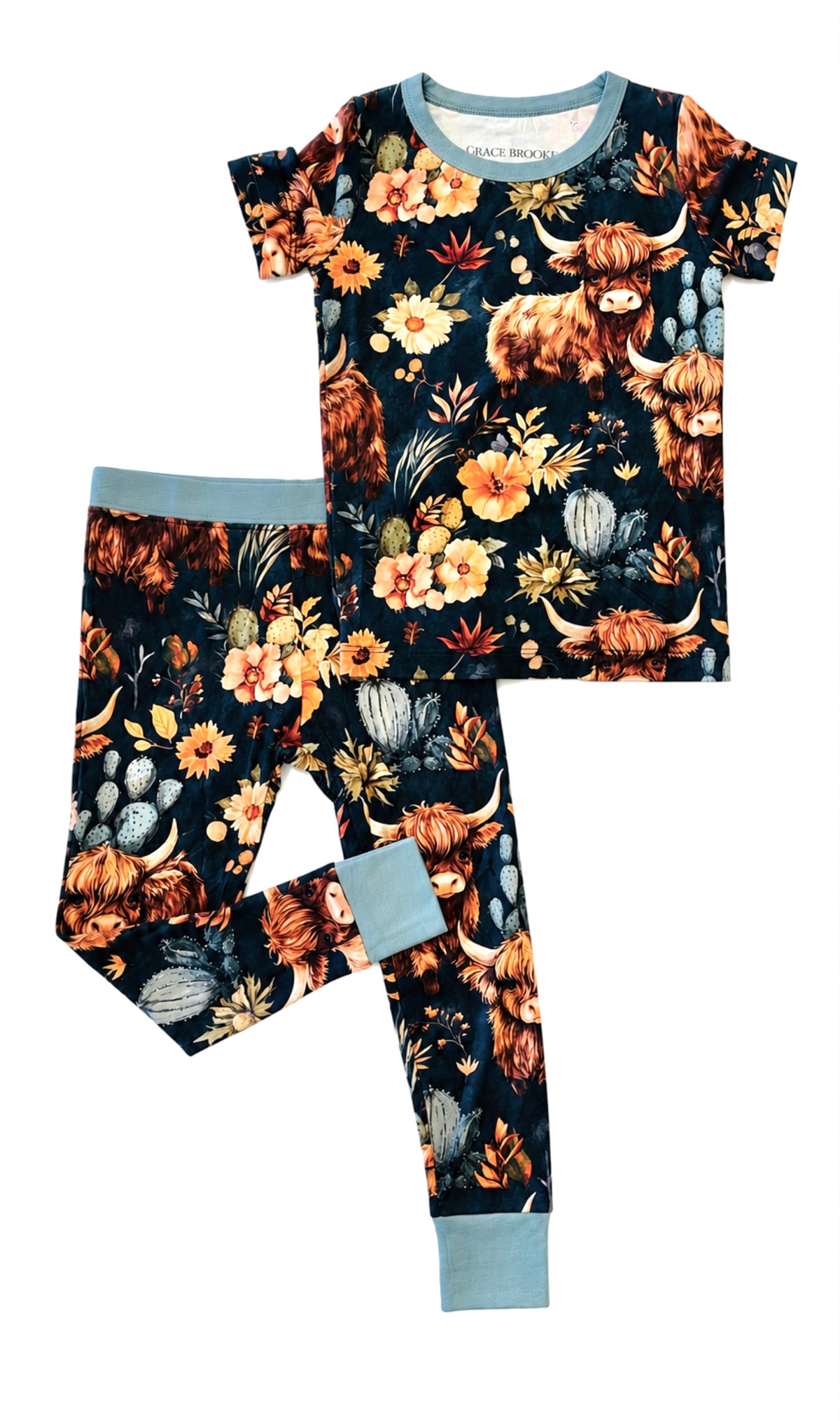 Navy girly highland cow short sleeve pants set