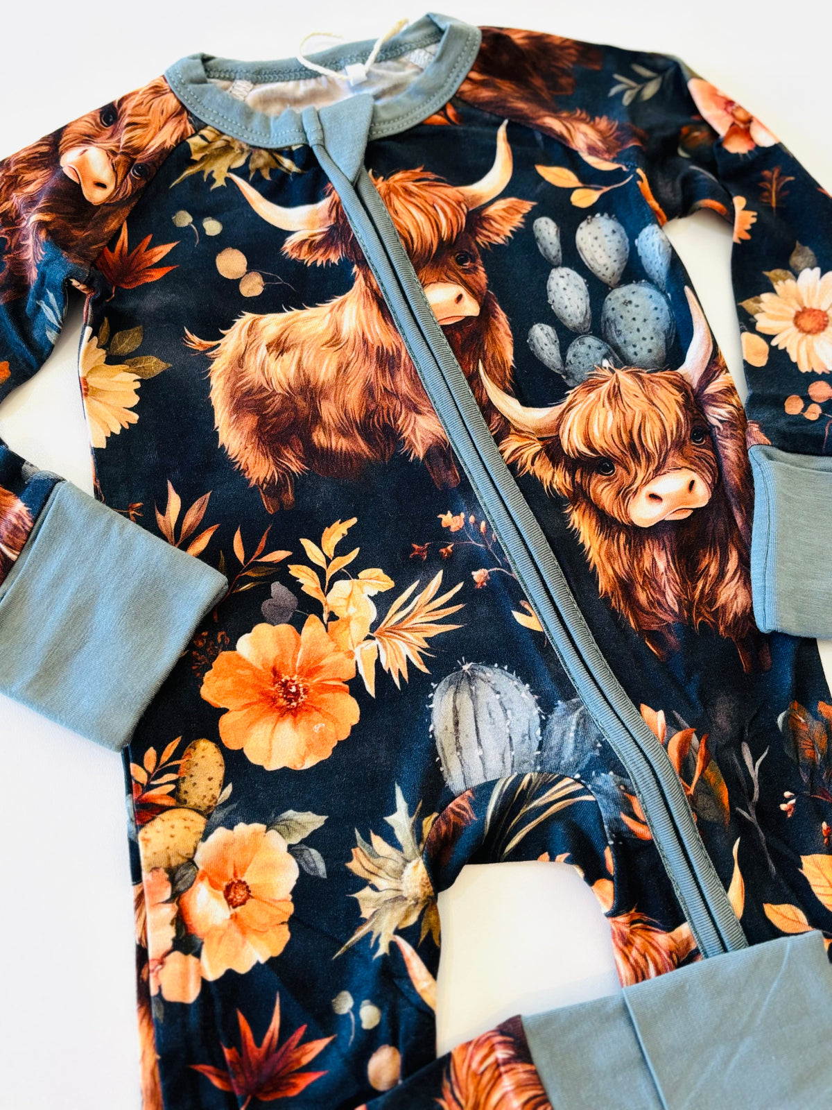 Navy Girly Highland Cow Convertible Zippy Romper